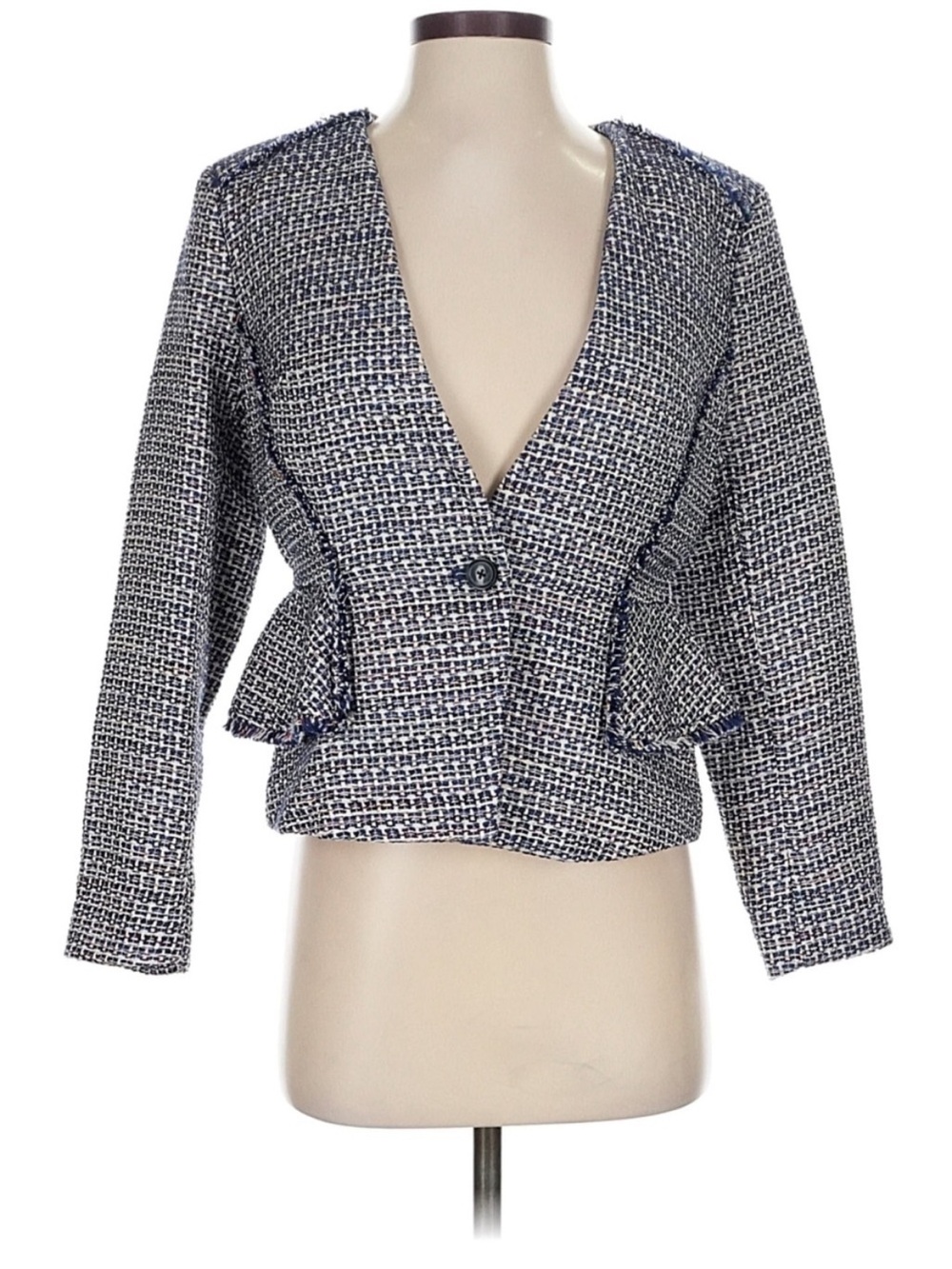Banana Republic Tweed Peplum Blazer Jacket Blue White Size 4 Career - Picture 2 of 7